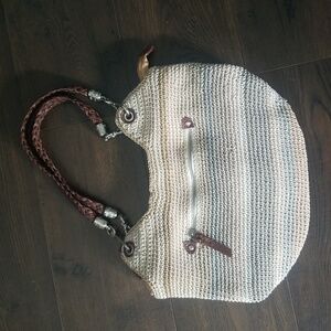 The Sak crochet craze shoulder bag, striped tans and blues